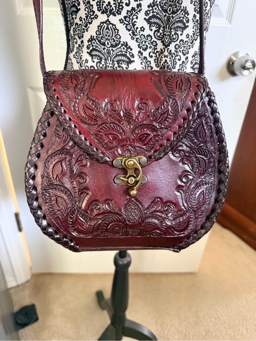 Artisan Mexican Tooled Leather Crossbody Bag - Dark Burgundy